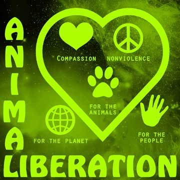 The expression 'ANIMAL LIBERATION' beside some expressions and figures about animal rights