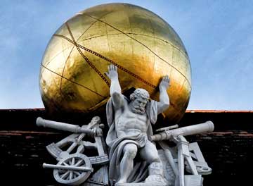 An Atlas statue, carrying a big, golden ball