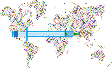 A world map with a syringe crossing it over