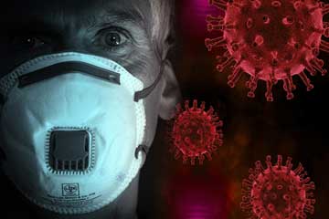 A drawing of Coronavirus next to a man with a protective mask