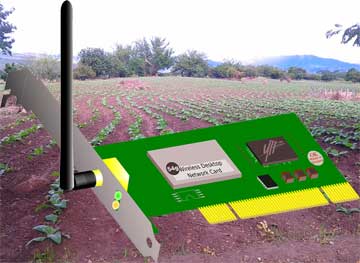 A desktop wireless network card on a background of the field behind don Joselito's