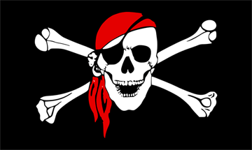 A skull with 2 bones crossed, wearing a black eye patch and a red headscarf