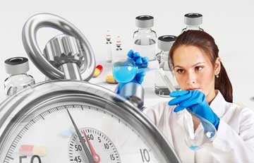 A young girl with some lab tubes; a chronometer; and some small, glass, vaccine bottles